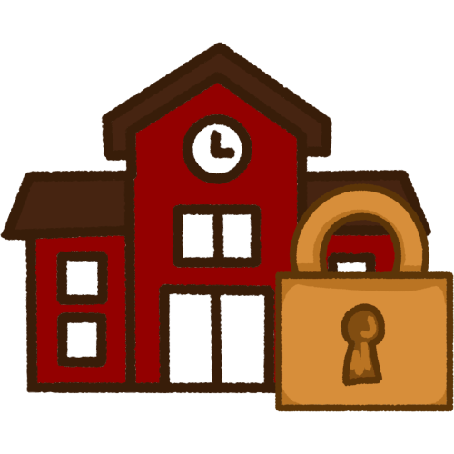 A red school building with a gold padlock